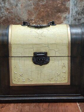 Decorative Wooden Storage Chest Dome Top Lid Cracked Paint Finish Ornate Metal H